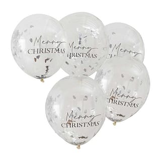 kerstballonnen met kerstboomvormige zilveren confetti en merry christmas erop
