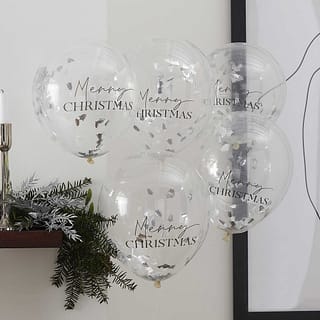 kerstballonnen met kerstboomvormige zilveren confetti en merry christmas erop