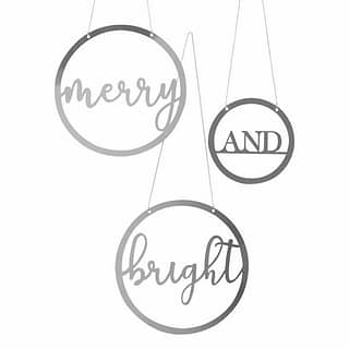 Drie ronde zilveren hangers met merry and bright