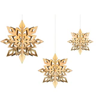 Drie gouden uitvouwbare hangers in de vorm van een sneeuwblok