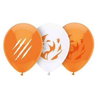 Drie ballonnen in oranje en wit met leeuwen bedrukking