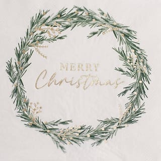 Wit servet met een krans en de tekst merry christmas