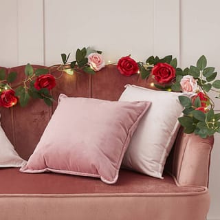 Rozenslinger met groene bladeren en rode en roze rozen op bank met kussens