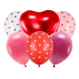 Set met 6 ballonnen in de vorm van een hart in de kleuren wit, roze, rood en paars