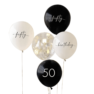Ballonnen voor 50 jaar in het zwart en nudekleurig met een transparante confettiballon met gouden snippers