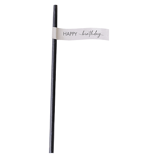 Zwart rietje met een wit papiertje eraan met de tekst 'happy birthday'