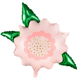 Folieballon in de vorm van een bloem in het lichtroze met roze en gouden stippen en groene bladeren