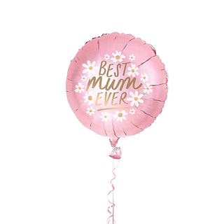 Blush roze ballon met de gouden tekst best mom even en witte madeliefjes