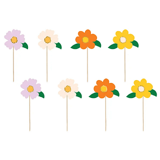 Cupcake toppers in de vorm van bloemen in de kleuren paars, oranje, geel en beige