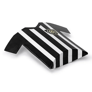 Doosje in de vorm van een shirt voor voetbal met zwart en witte strepen