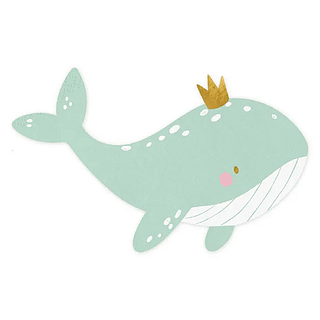 Servetje in het mintgroen in de vorm van een walvisje met een gouden kroontje op