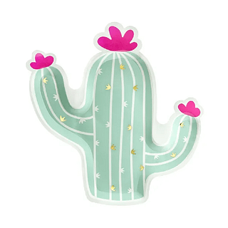 Bordje in de vorm van een cactus met roze bloemen en gouden details