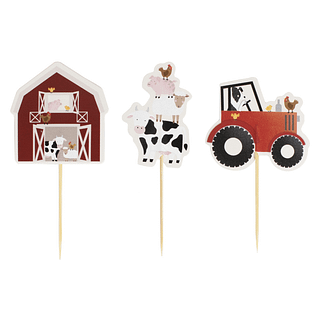 Cupcake prikkers met boerderijdieren, een tractor en een donkerrode boerderij erop
