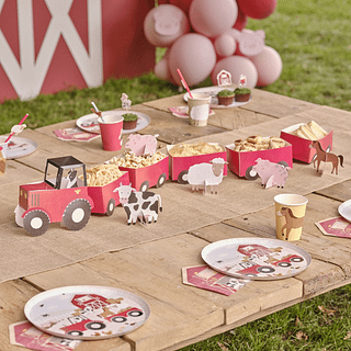 Houten tafel staat op een grasveld en is versierd met bakjes in de vorm van een tractor, papieren bordjes en bekers met boerderijdieren erop