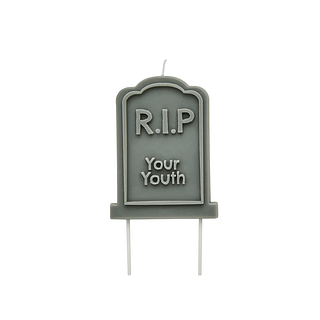 Grijze kaars in de vorm van een grafsteen met de tekst RIP your youth