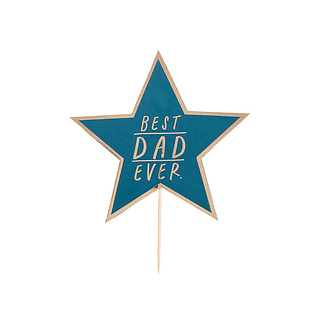 Taarttopper in de vorm van een marineblauwe ster met gouden rand en de tekst best dad ever
