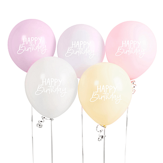 Latex ballonnen in pasteltinten geel, groen, fuschia, roze en paars met witte tekst happy birthday