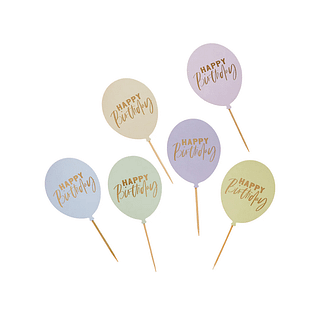 Cocktailprikkers in de vorm van ballonnen in pasteltinten met de tekst happy birthday