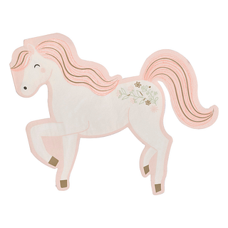 Servetten in de vorm van een paard met gouden en roze manen en bloemendetails