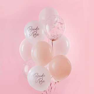 Ballonnen set met perzikkleurige, lichtroze en confetti ballonnen en witte parelmoer ballonnen voor een lichtroze achtergrond