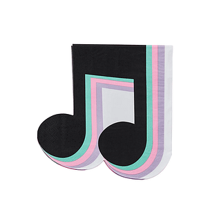 papieren servet in de vom van een zwarte muzieknoot met mintgroene, paarse en pastelroze strepen
