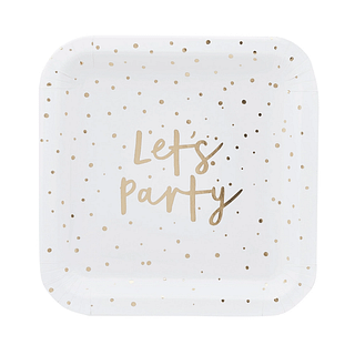 witte vierkante bordjes met gouden stippen en gouden tekst lets party