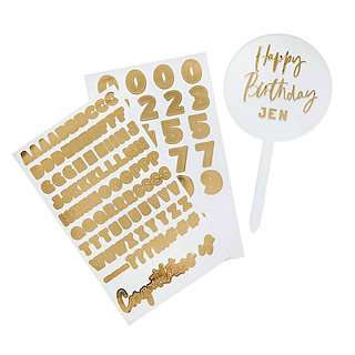 gouden stickervellen en personaliseerbare taarttoper van acryl