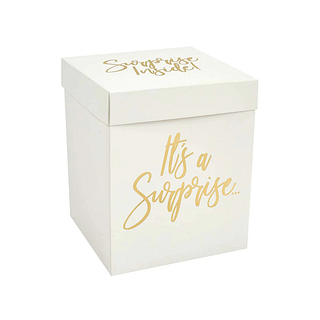witte doos met gouden tekst its a surprise