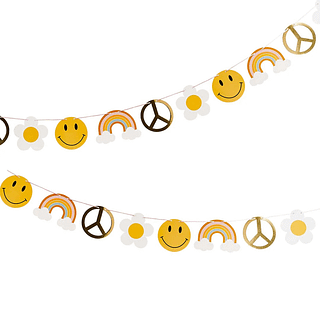 Slinger met regenbogen, smileys, het vredesteken en madeliefjes in het geel, wit en goud