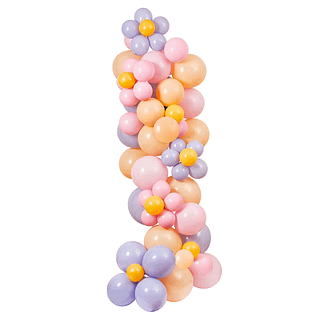 Ballonnenboog met bloemen in de kleuren paars, blauw, roze, geel en perzik