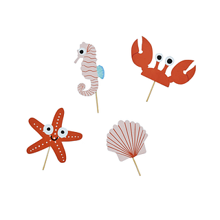 cupcake toppers met een krab, schelp, zeester en zeepaardje