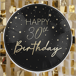 zwarte ronde folieballon met gouden sterren en de tekst happy 30th birthday