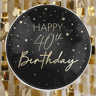 zwarte ronde ballon met gouden tekst happy 40th birthday