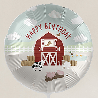 Ballon bedrukt met boerderijdieren zoals een koe, paars en varkens en de tekst happy birthday in het rood