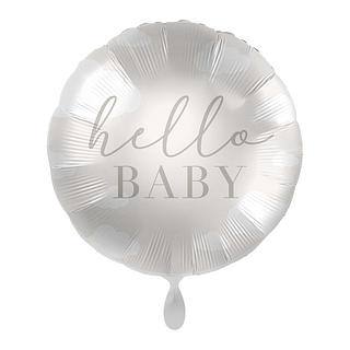 folieballon taupe beige en wit met wolken en de tekst hello baby