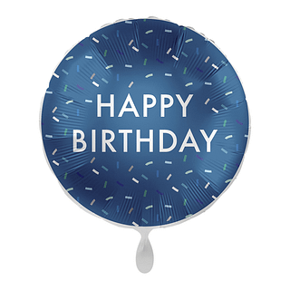donkerblauwe folieballon met confetti en de witte tekst happy birthday