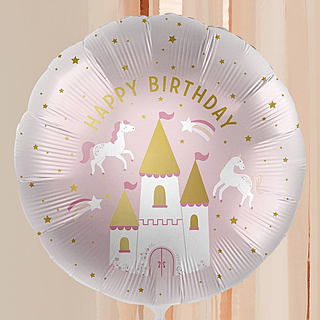 prinsessen folieballon met gouden tekst happy birthday en een kasteel