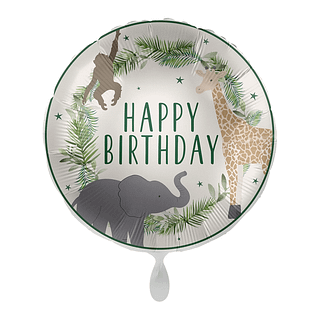 folieballon met een giraffe, aapje en olifant en de groene tekst happy birthday en palmbladeren