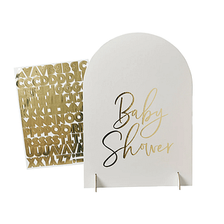 wit bord met gouden tekst baby shower en gouden stickers