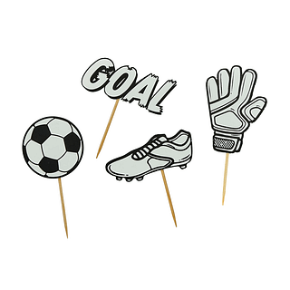 cupcake toppers in de vorm van een voetbalscohen, een keepershandschoen, een voetbal en het woord goal