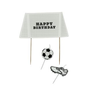 voetbal goal taart topper en verjaardagskaarsjes in de vorm van een voetbal en een schoen