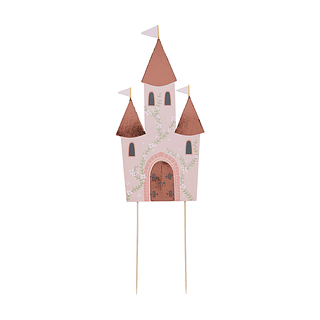 Taart topper in de vorm van een kasteel met roze muren en rosé gouden torens