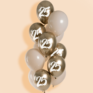 Gouden en nude ballonnen met chrome effect en de cijfers 25