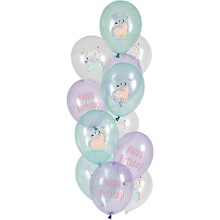 Set ballonnen met licht transparante ballonnen in het groen, paars en wit met eenhoorns en regenbogen