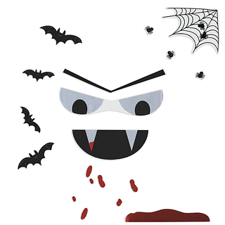 Deurstickers met een vampiergezichtje, spinnen, spinnenwebben, bloeddruppels en vleermuizen