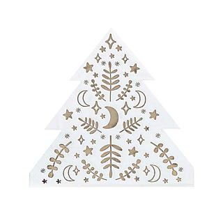 Witte servetten in de vorm van een kerstboom met gouden details zoals een maan, een ster en takjes