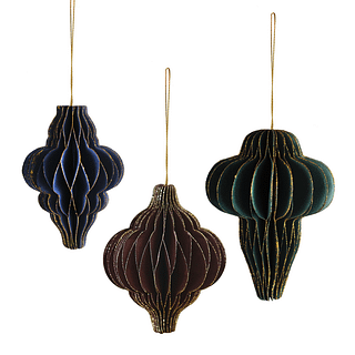 Honeycomb hangers met gouden glitterrandin de kleuren marinablauw, donkerrood en donkergroen