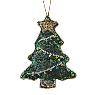 Stoffen hanger in de vorm van een groene kerstboom met gouden ster en kralen
