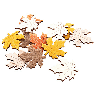 Houten confetti in de vorm van herfstbladeren met een vilten bovenkant in het geel, bruin en oranje