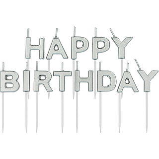 Taart kaarsen met de tekst happy birthday in het zilver